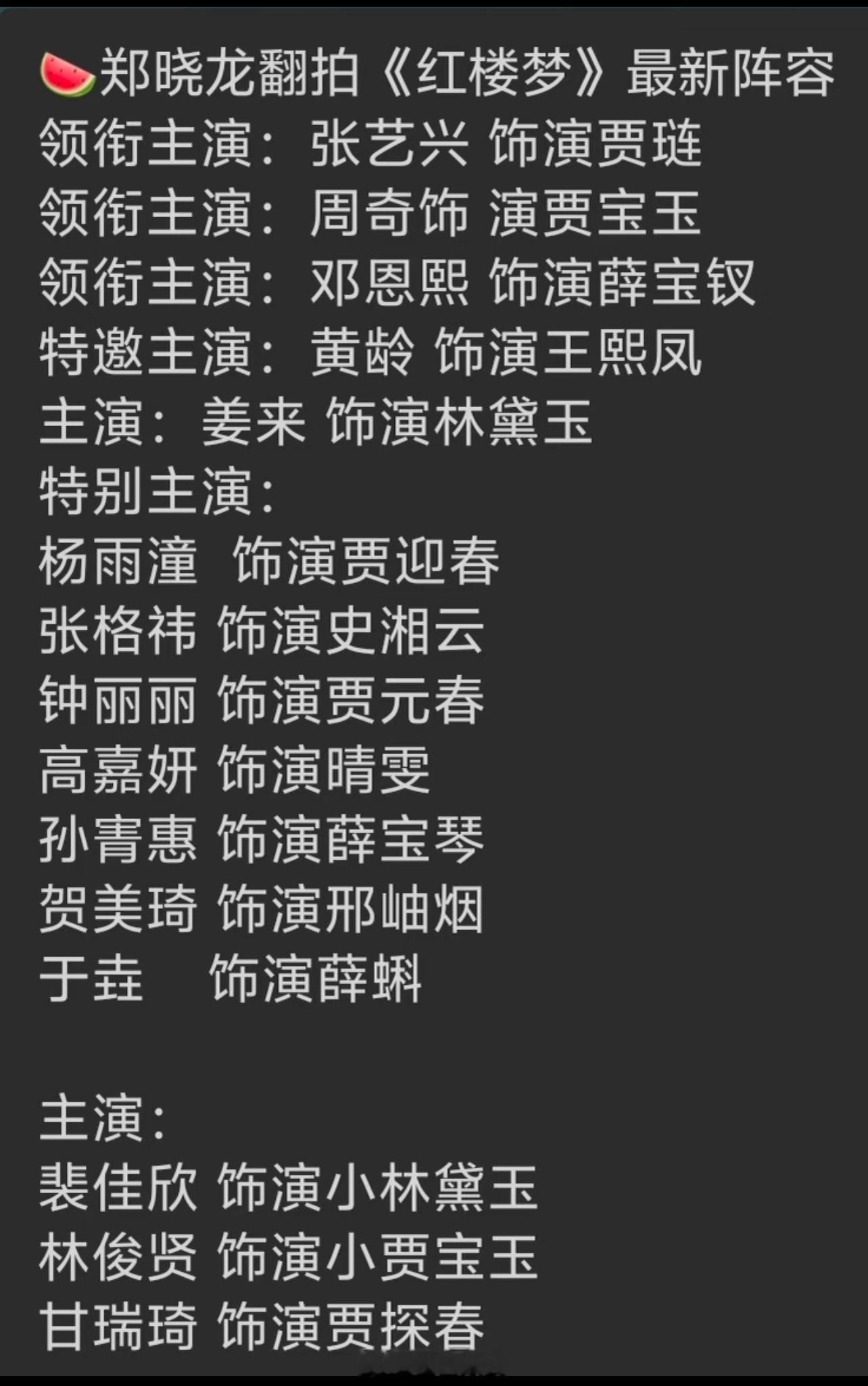 🍉郑晓龙翻拍《红楼梦》阵容 