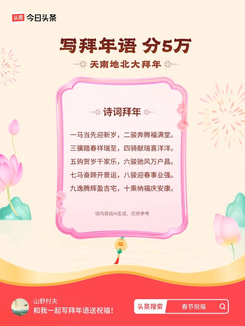 写拜年语送祝福新春拜年送祝福！我的祝福是：“一马当先迎新岁，二骏奔腾福满堂。三骥