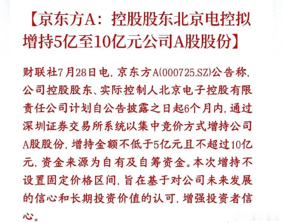 真金白银托底！北京电控拟斥资5至10亿元增持京东方A，稳定市场情绪 