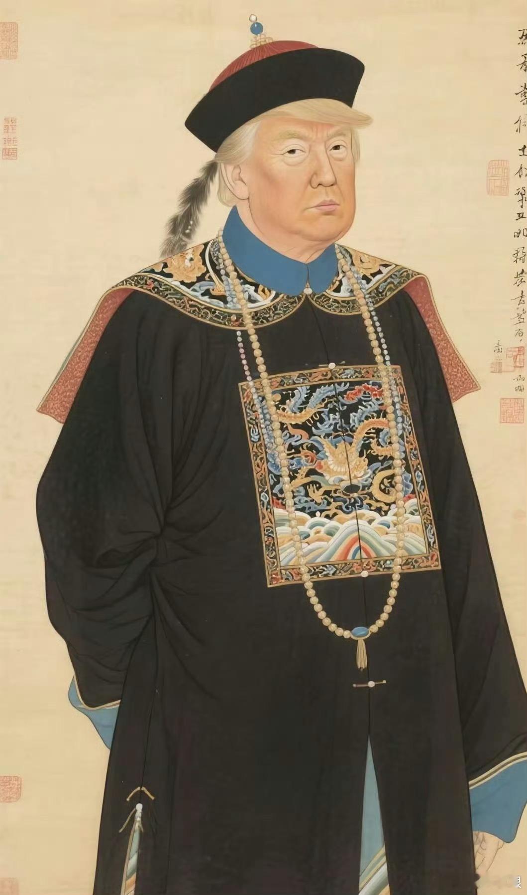 本人出售清朝名家画作一幅：“爱新觉罗.川普”，此画古色古香，线条流畅，构图巧妙，