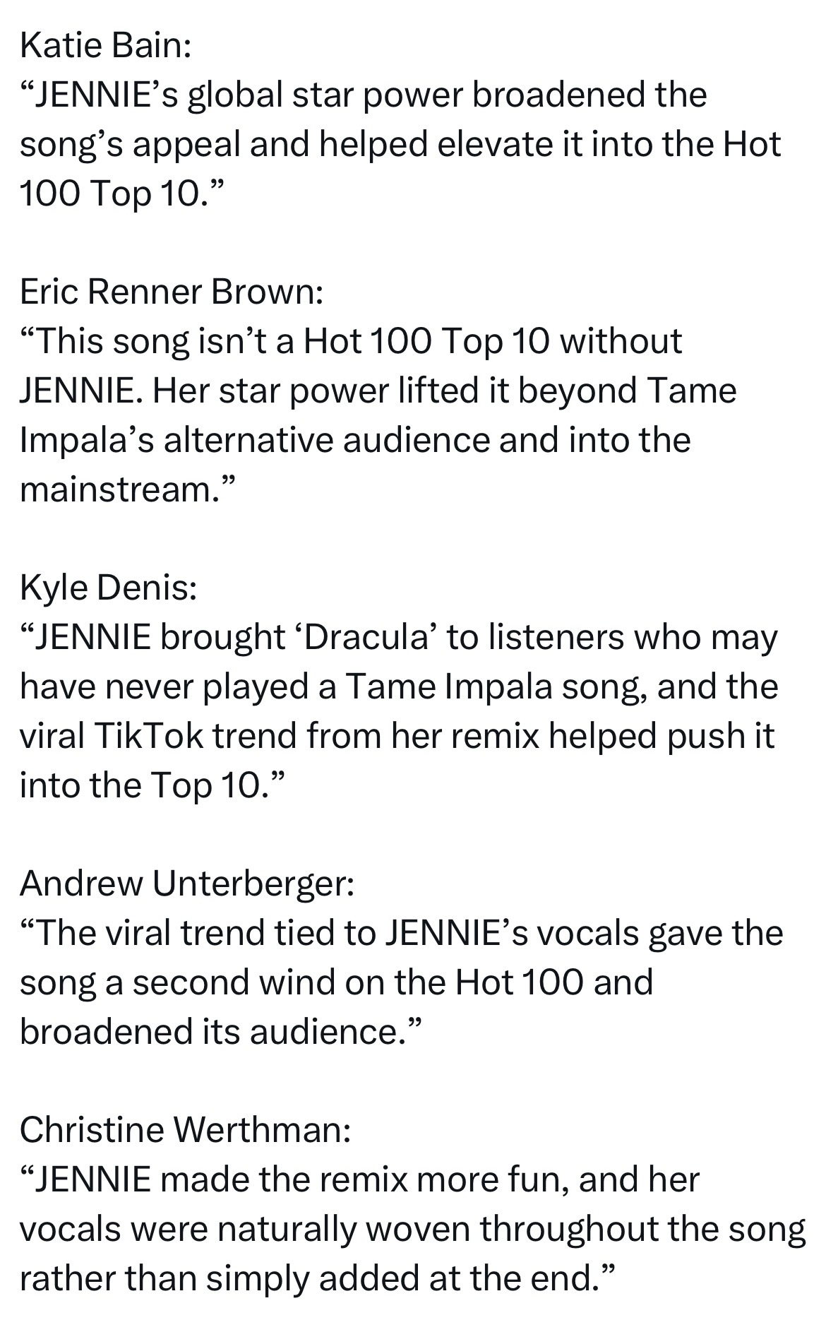 Billboard 询问了五位作家 JENNIE 金珍妮的混音版对Dracula