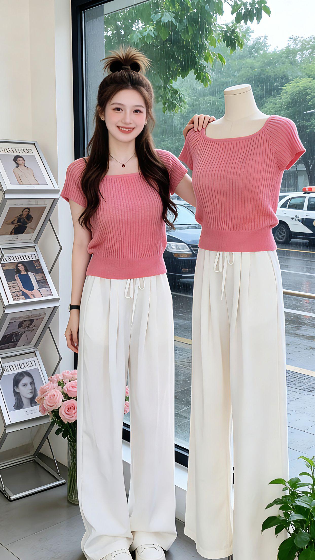 Danny私藏的夏日本命套装来啦！温柔粉调针织上衣搭配奶白阔腿裤，上身自带松弛氛