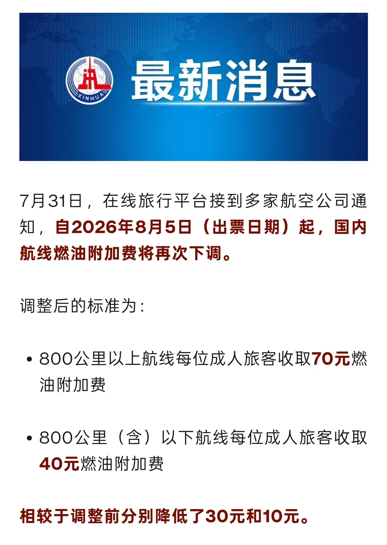 国内机票燃油附加费将再次下调‼️自2026年8月5日（出票日期）起，国内航线燃油