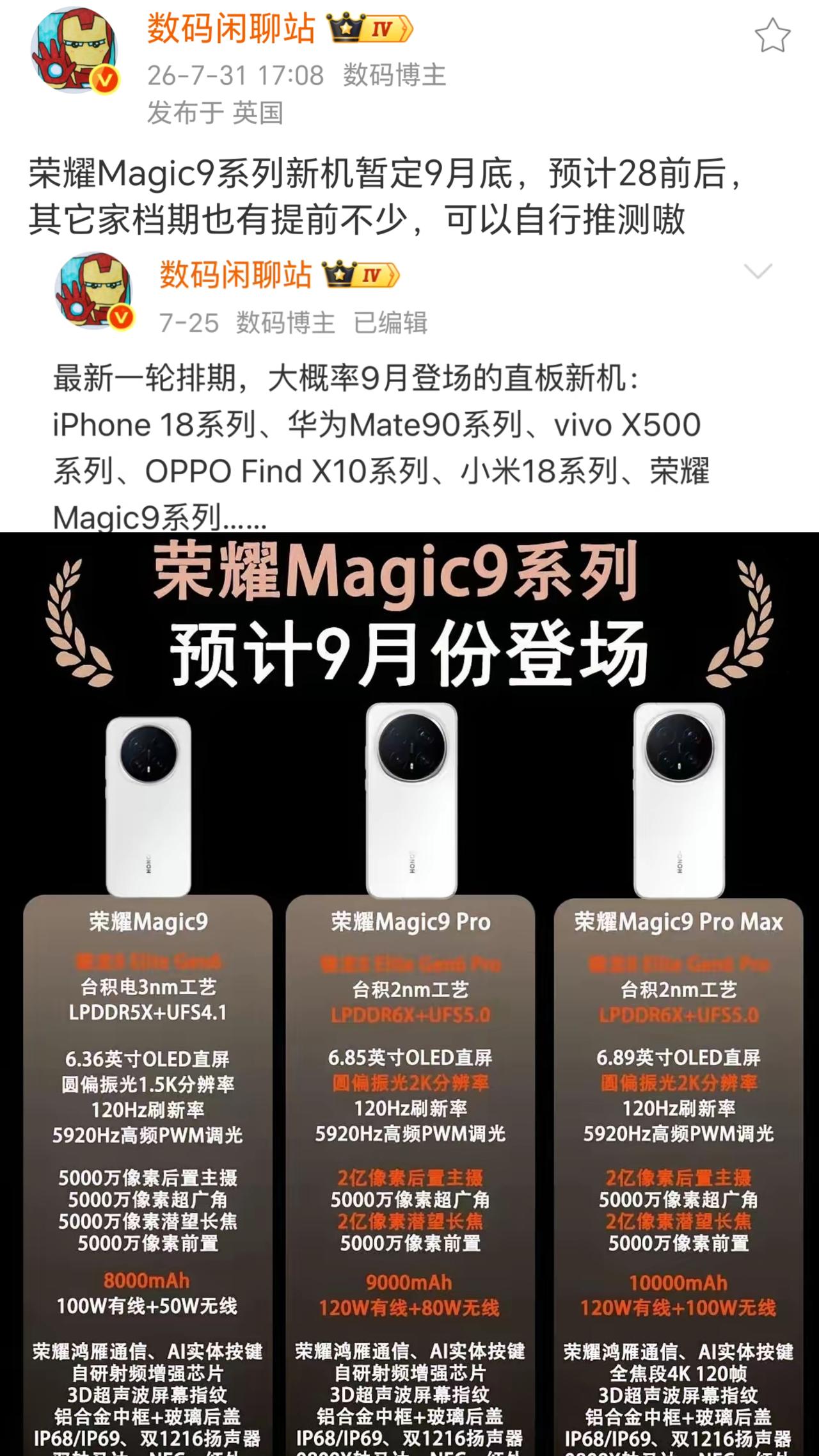 9月份华米OV各家旗舰机全部要登场了，荣耀Magic9系列的配置已经曝光差不多了