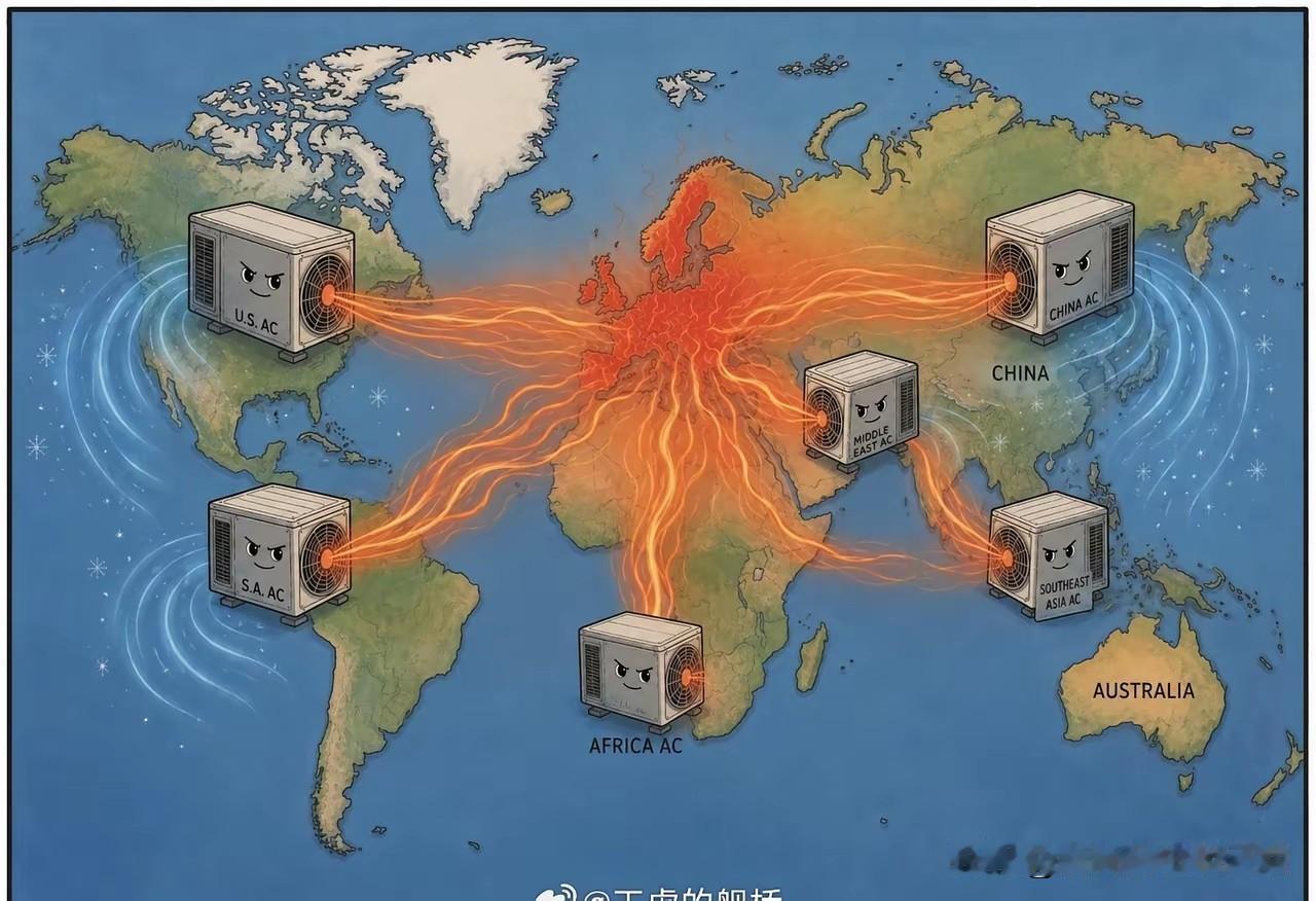 欧洲享受着全世界空调外机的荣耀。

以前中学学地理的讲述，欧洲处于大西洋暖流的北