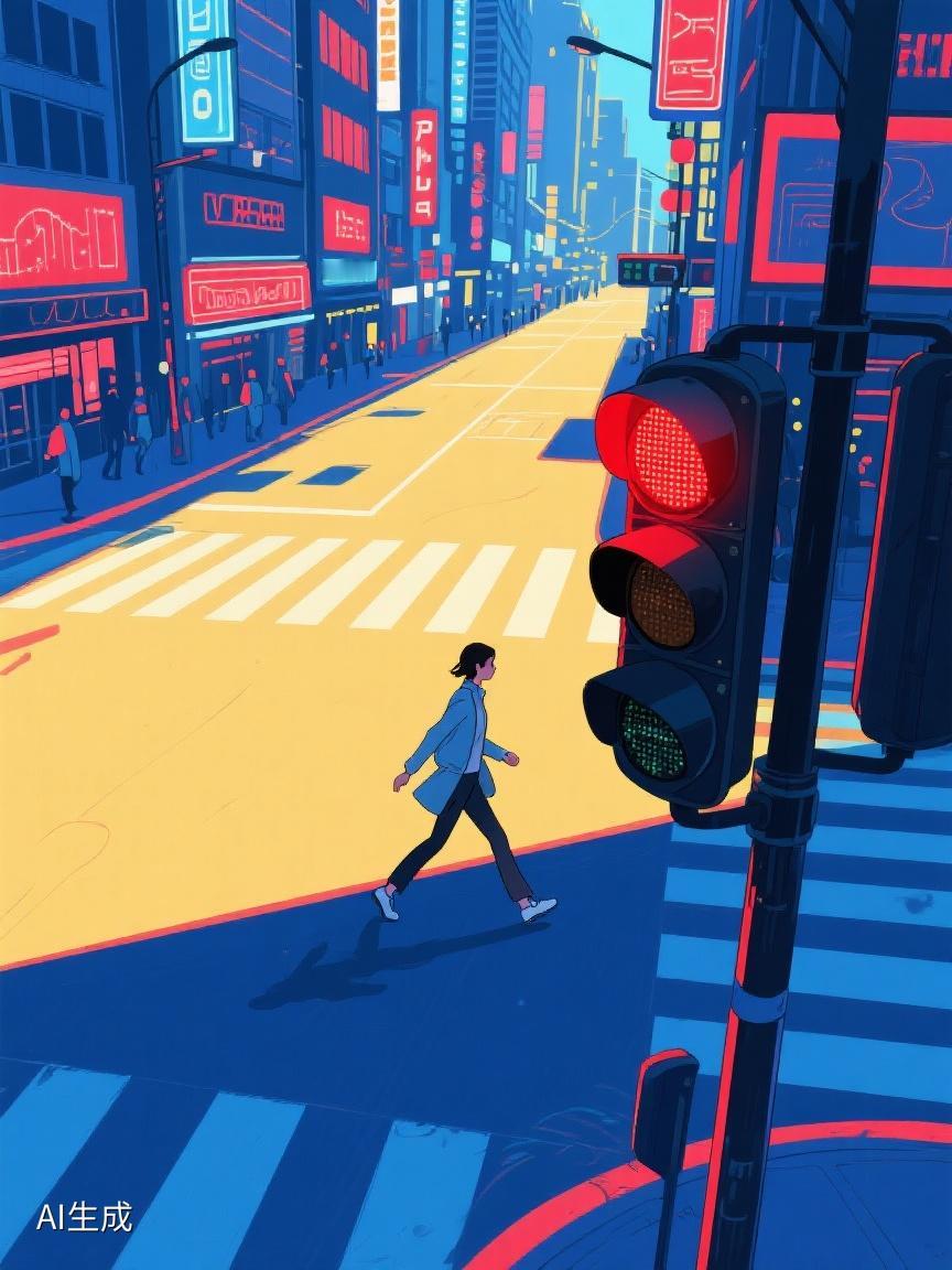 AI妙生图城市街头，红灯下独行的身影，似在等待，亦在奔赴，在规则里找寻自我节奏?