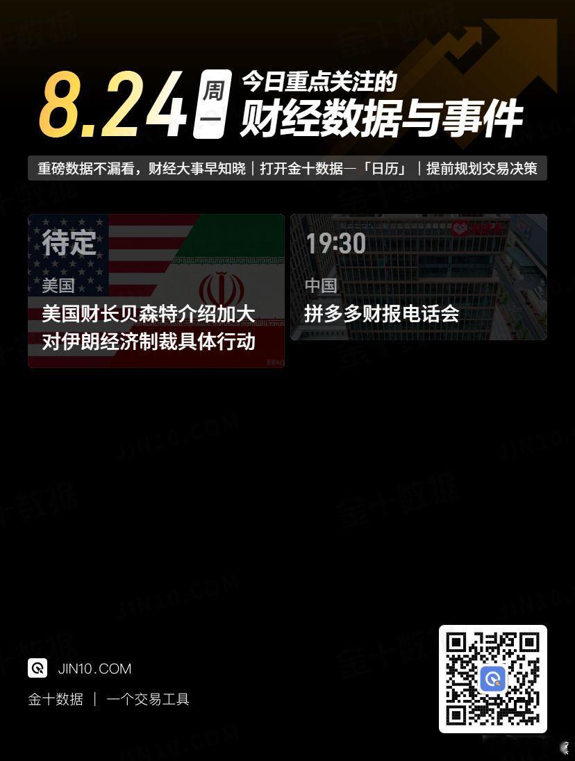 今日重点关注的财经数据与事件：2026年8月24日 周一 