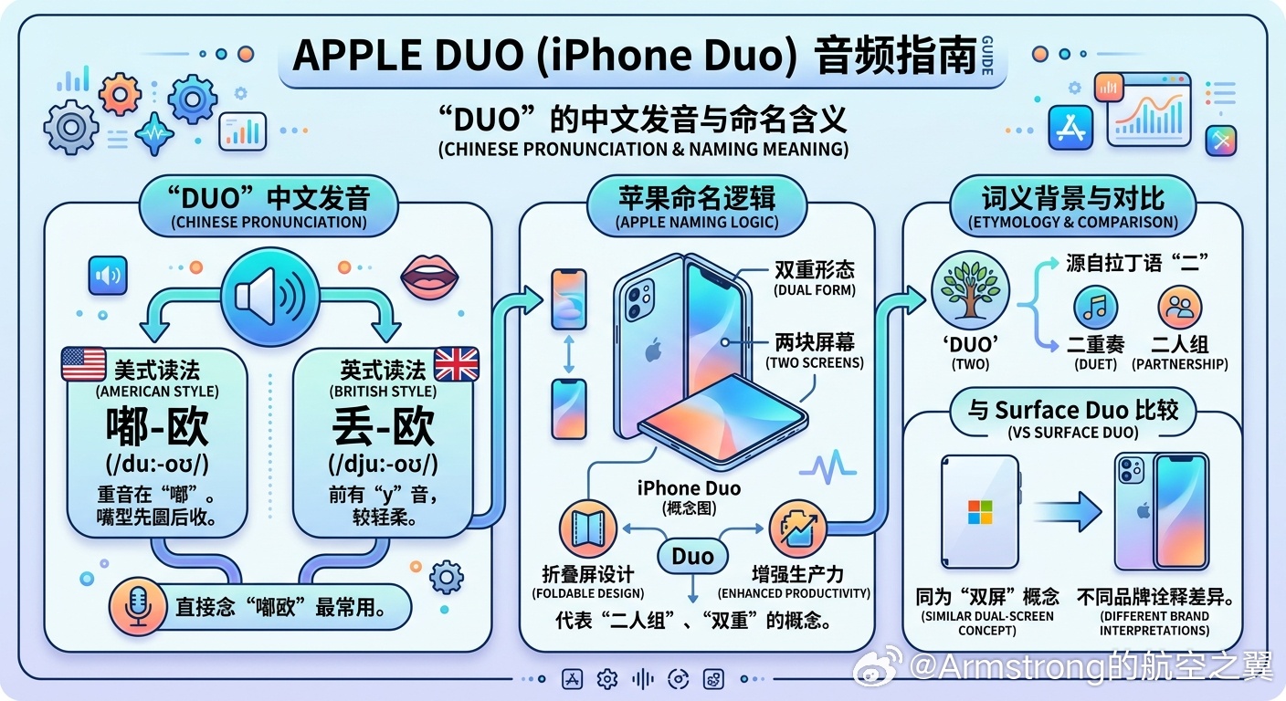 苹果Duo怎么读 来跟我念：美式读法：接近 “嘟-欧”（/duː-oʊ/），重音