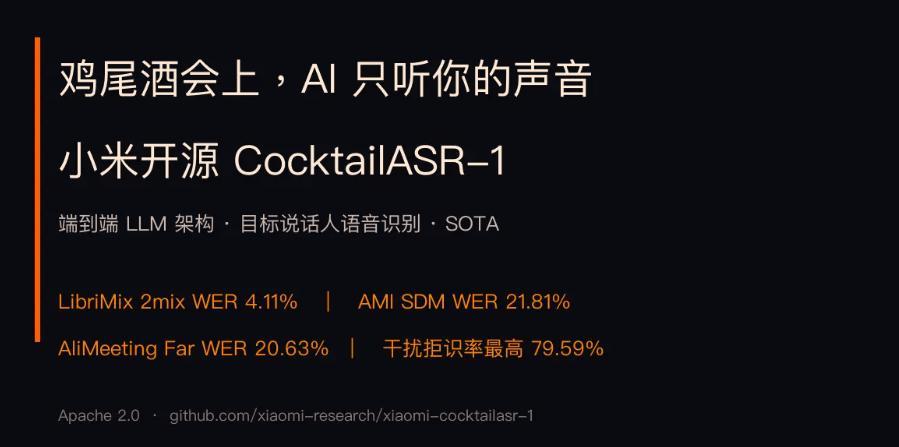 小米开源工业级目标说话人语音识别大模型 CocktailASR-1
 在嘈杂的人