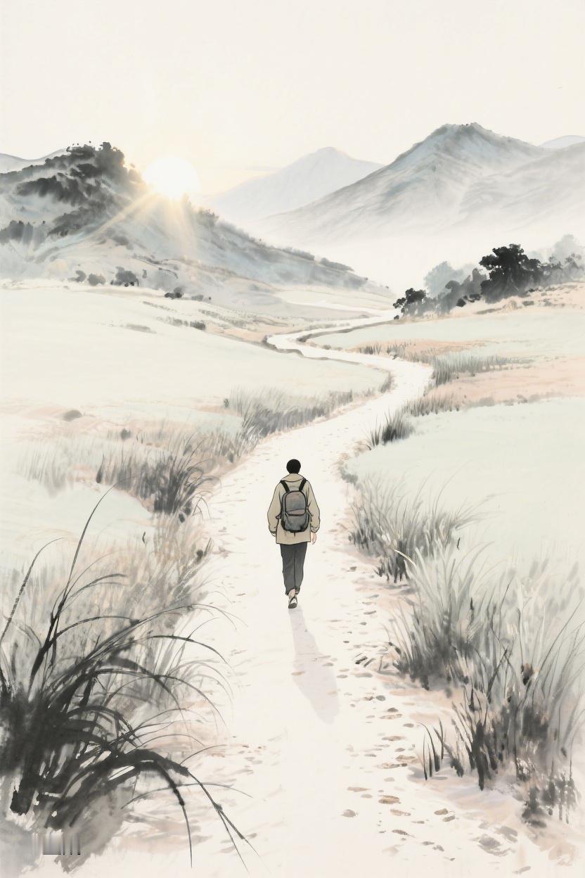 AI随心绘蜿蜒小径，穿梭于山川草木间，似人生之路，在探索中寻得宁静与希望🌄