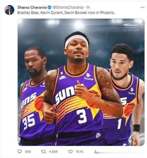 震惊！太阳是要复制篮网三巨头呢？
今日根据知名记者与ESPN多方报道，奇才与太阳