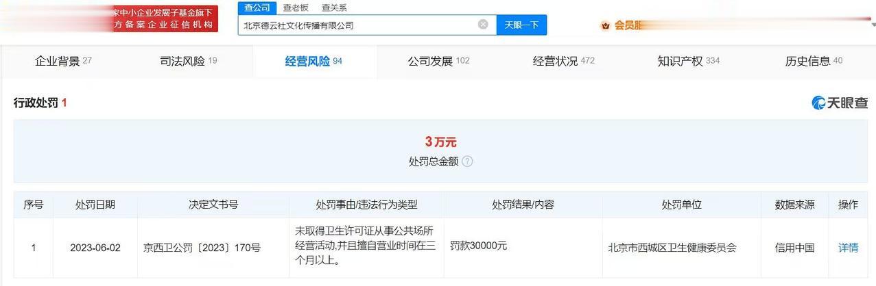  据天眼查App显示，近日，北京德云社文化传播有限公司因违反公共场所卫生管理条例
