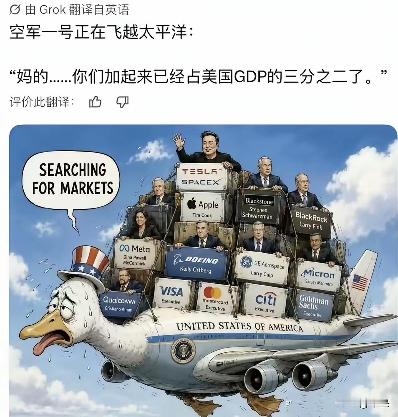 此次来中国的不是美国半壁江山，而是美国三分之二的经济版图。
这些人对美国的未来至