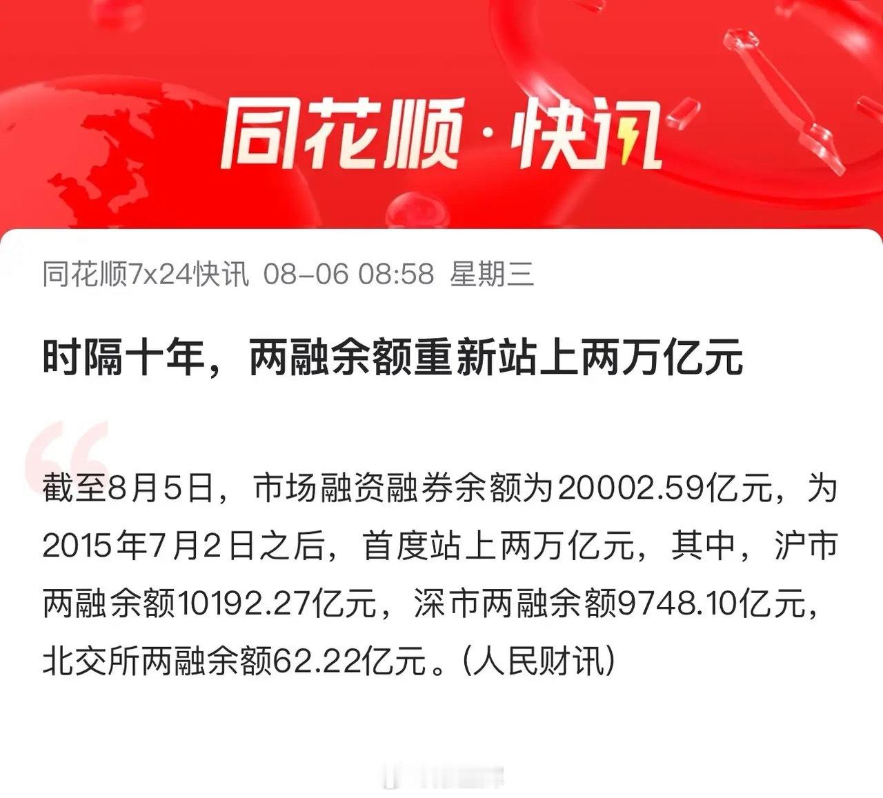 时隔十年两融余额重新站上2万亿元！股民还是胆子大呀，只要行情稍微好点，就敢放开手
