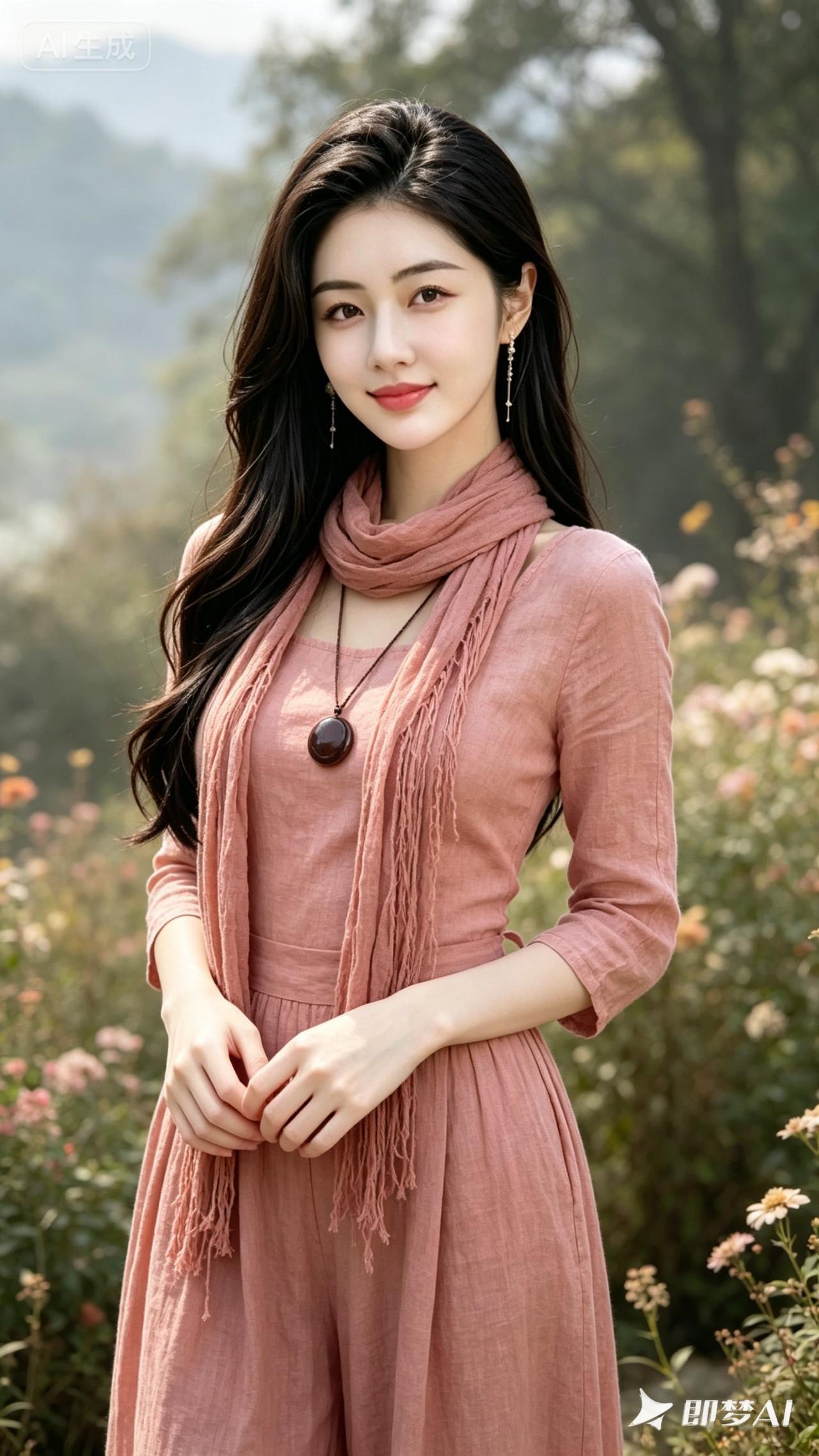 温柔粉裙，花海中的甜美少女