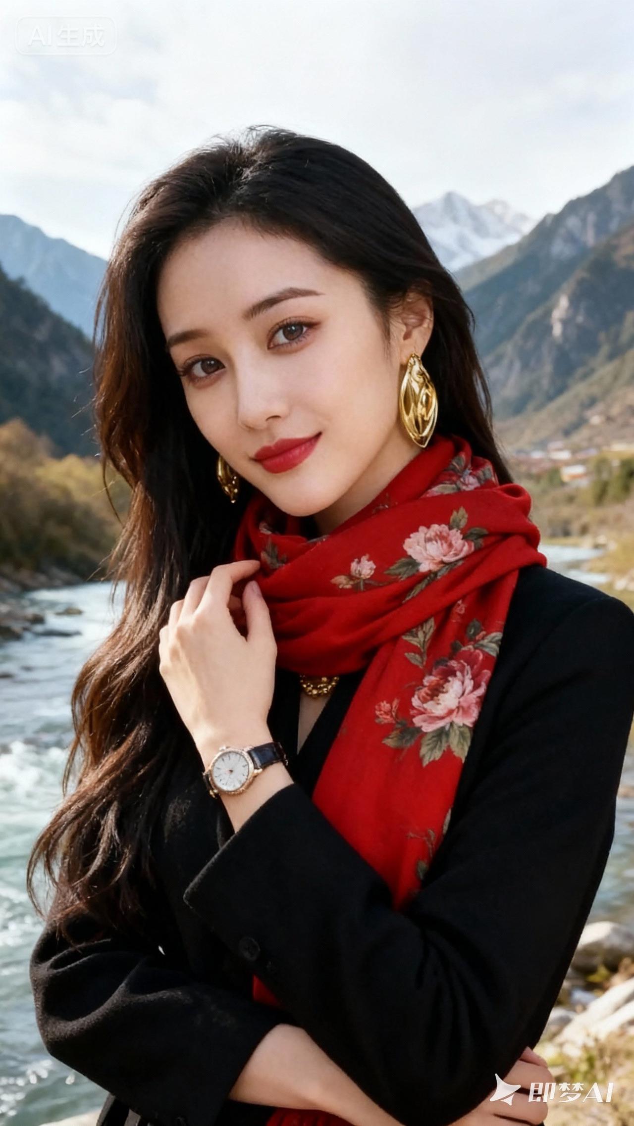 秋日暖阳下的红围巾，自然与优雅的完美结合