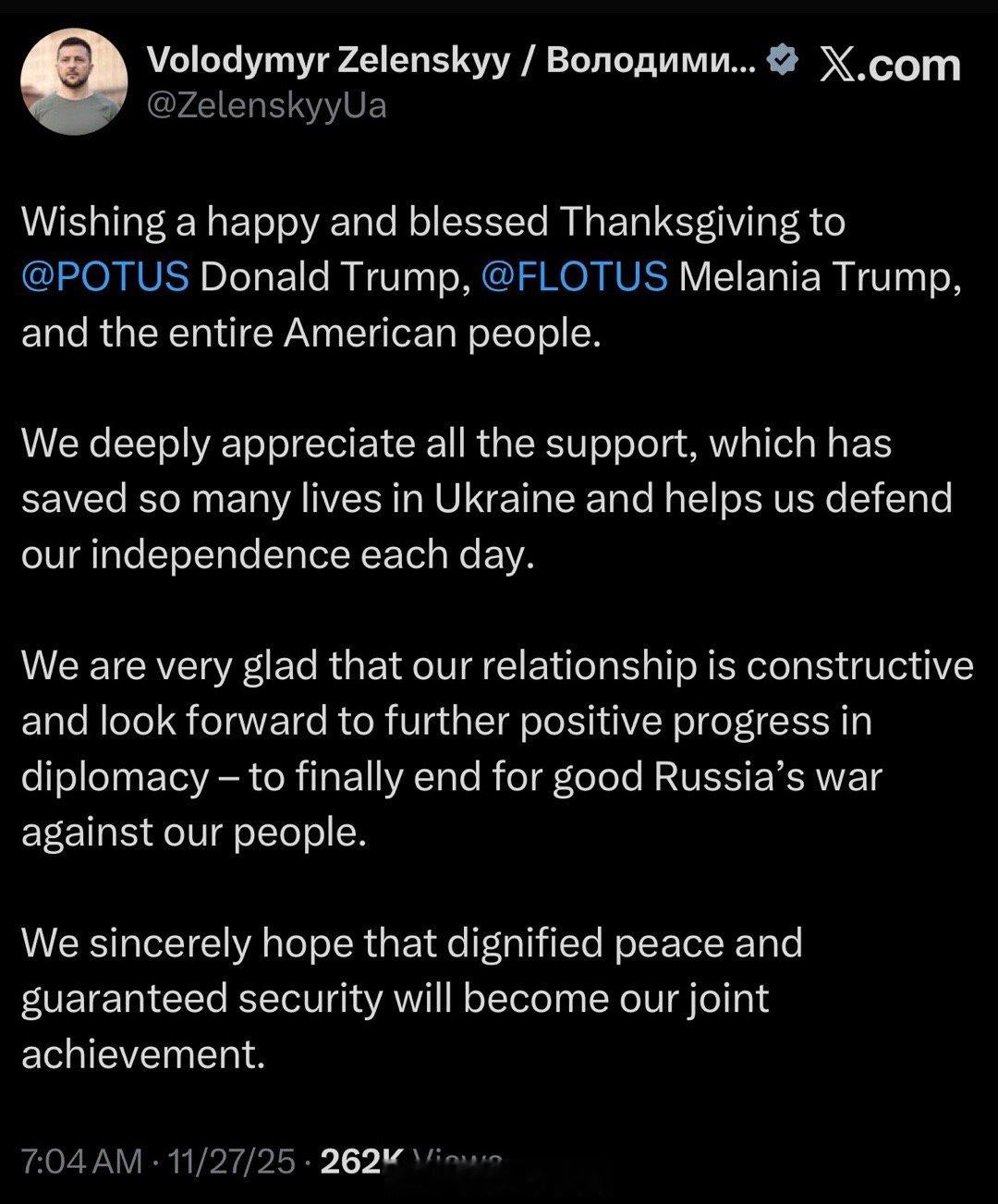 泽连斯基：“祝川普总统、Melania，以及全体美国人民感恩节快乐。我们由衷感谢
