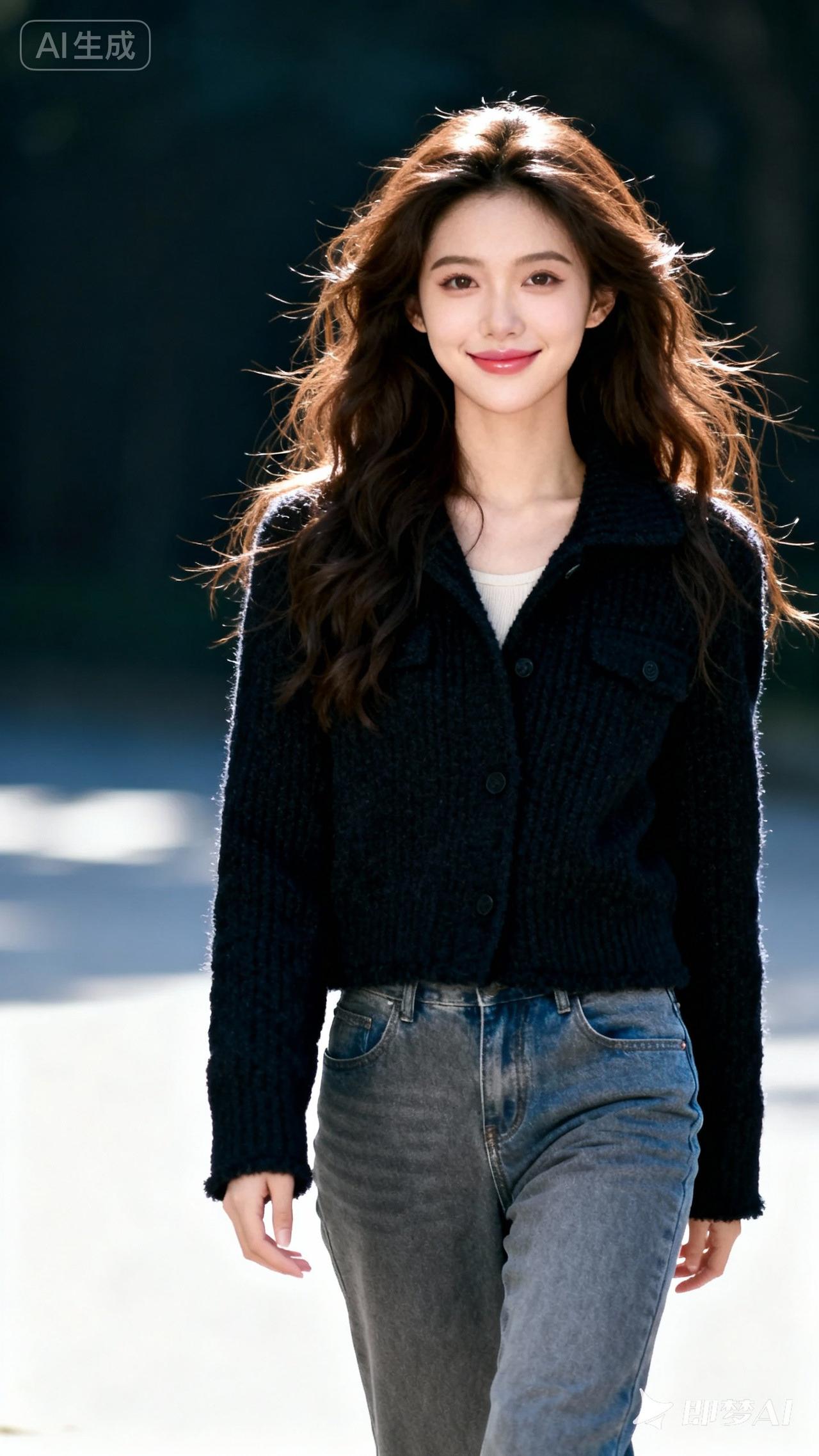阳光下的温柔少女，黑毛衣与牛仔裤的完美搭配，尽显自然与优雅。