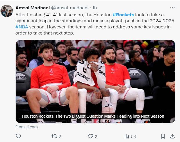 NBA记者：火箭队会在24-25赛季进入季后赛，他们仅存一些小问题


在上赛季