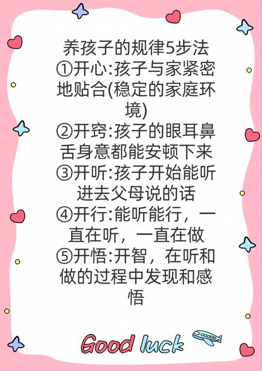 养孩子的规律5步法 ①开心:孩子与家紧密地贴合(稳定的家庭环境) ②开...