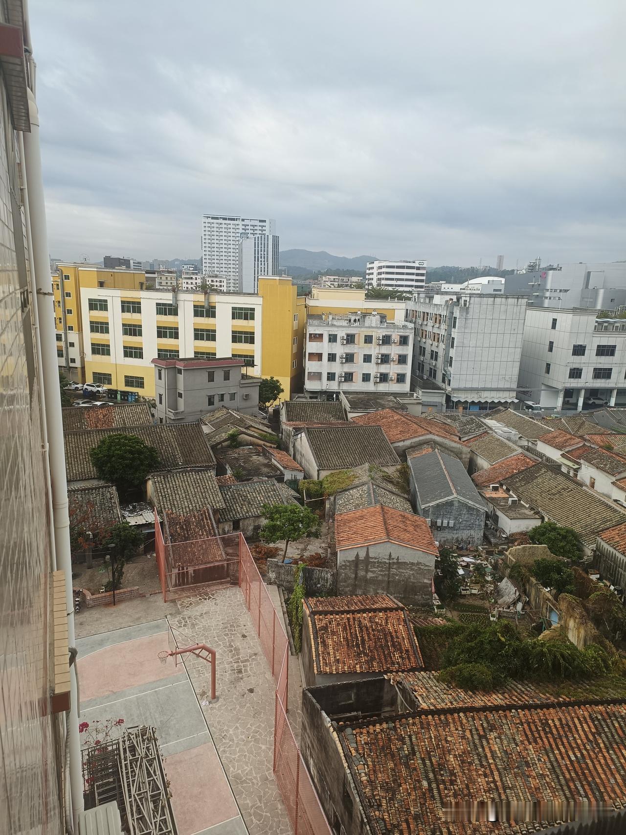 你看这画面，老房子挤着新楼，像生活里的新旧拧巴——小时候爬的瓦屋顶，现在抬头就是