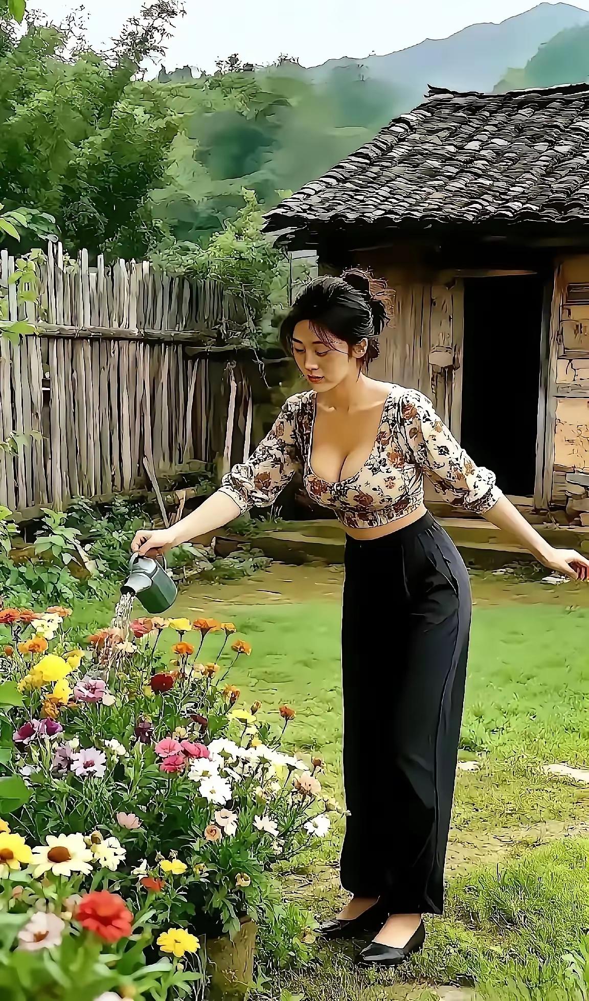 田园风光中的花仙子，浇灌着五彩斑斓的花朵，感受大自然的美好。