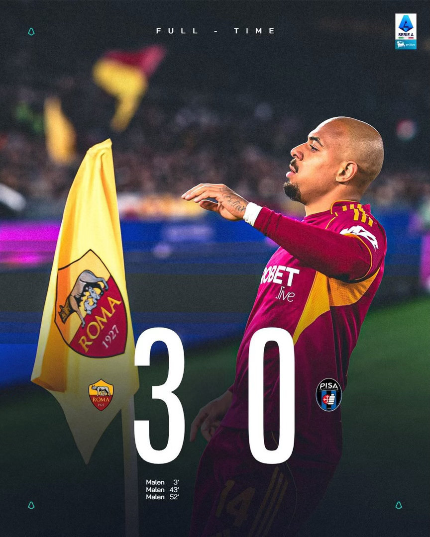 馬倫（Donyell Malen）第一次喺意甲大演帽子戲法，加盟羅馬之後12場聯