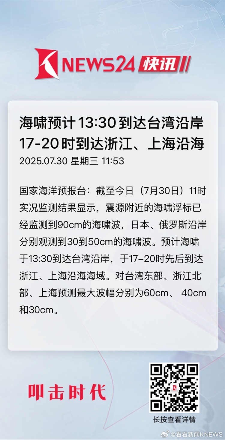 【#海啸预计17至20时到达浙江上海沿海#】国家海洋预报台：截至今日(7月30日