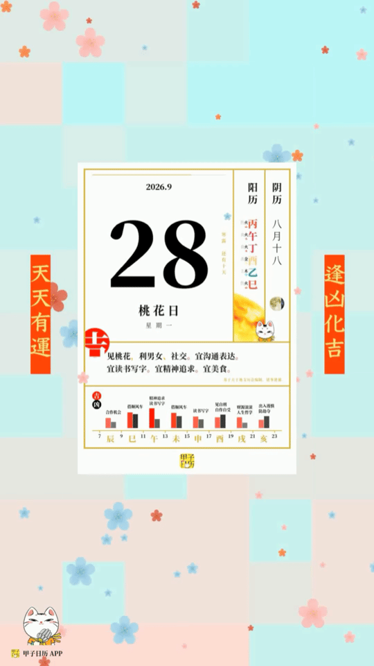 甲子日历 9 月 28 日，桃花日。见桃花，利男女、社交。宜沟通表达。📆 星座
