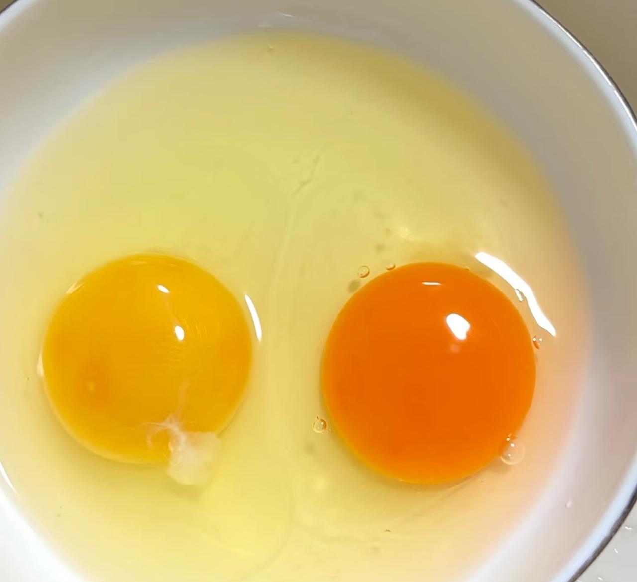 自己家的母鸡下的鸡蛋，黄的颜色竟然比超市买的鸡蛋黄颜色还要淡！
