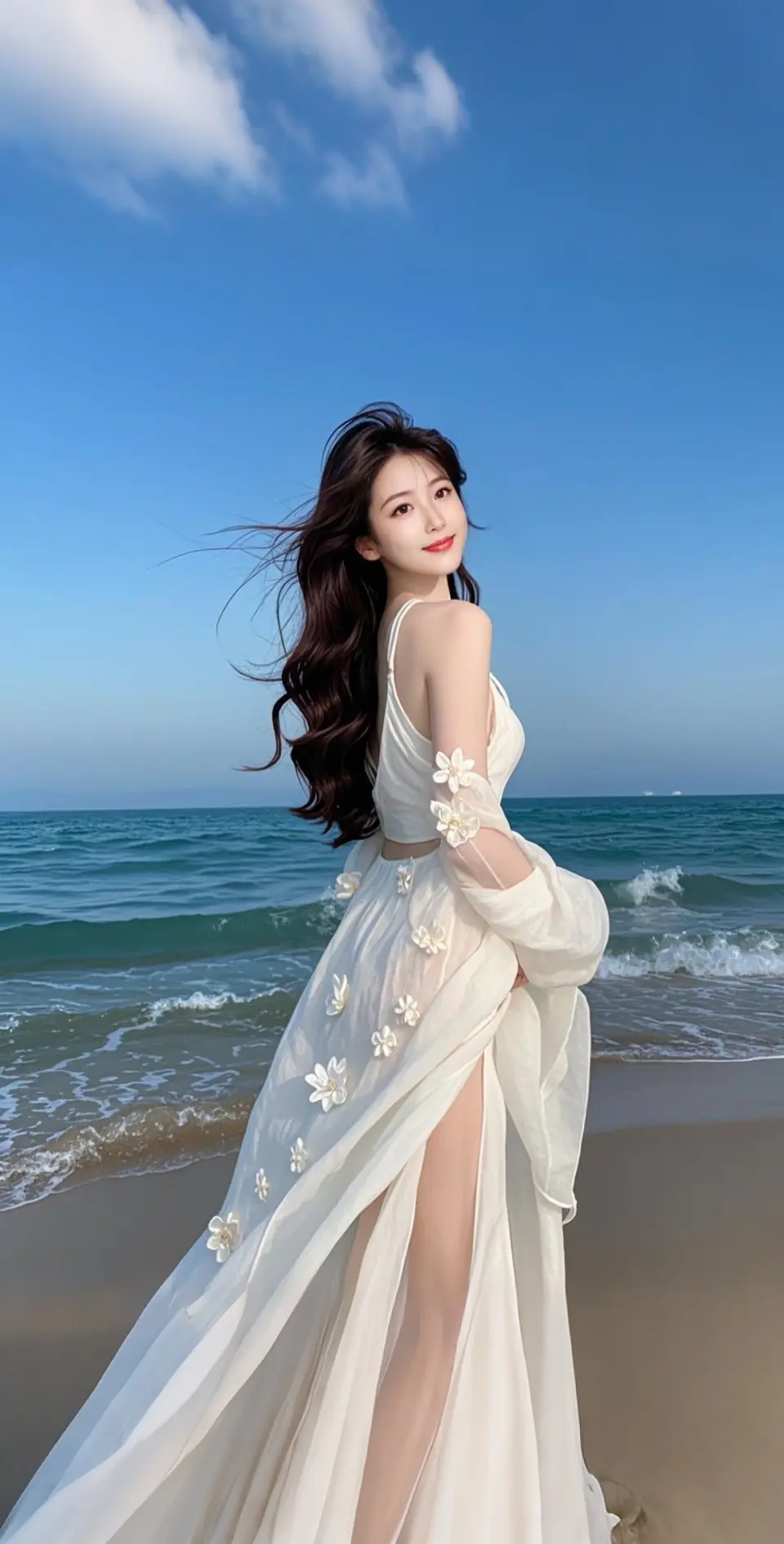 AI扩图 AI海边白纱少女