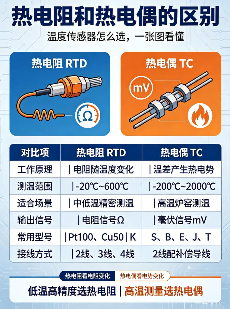 热电阻和热电偶的区别，终于有人讲清楚了！一张图帮你选对温度传感器
热电阻（RTD