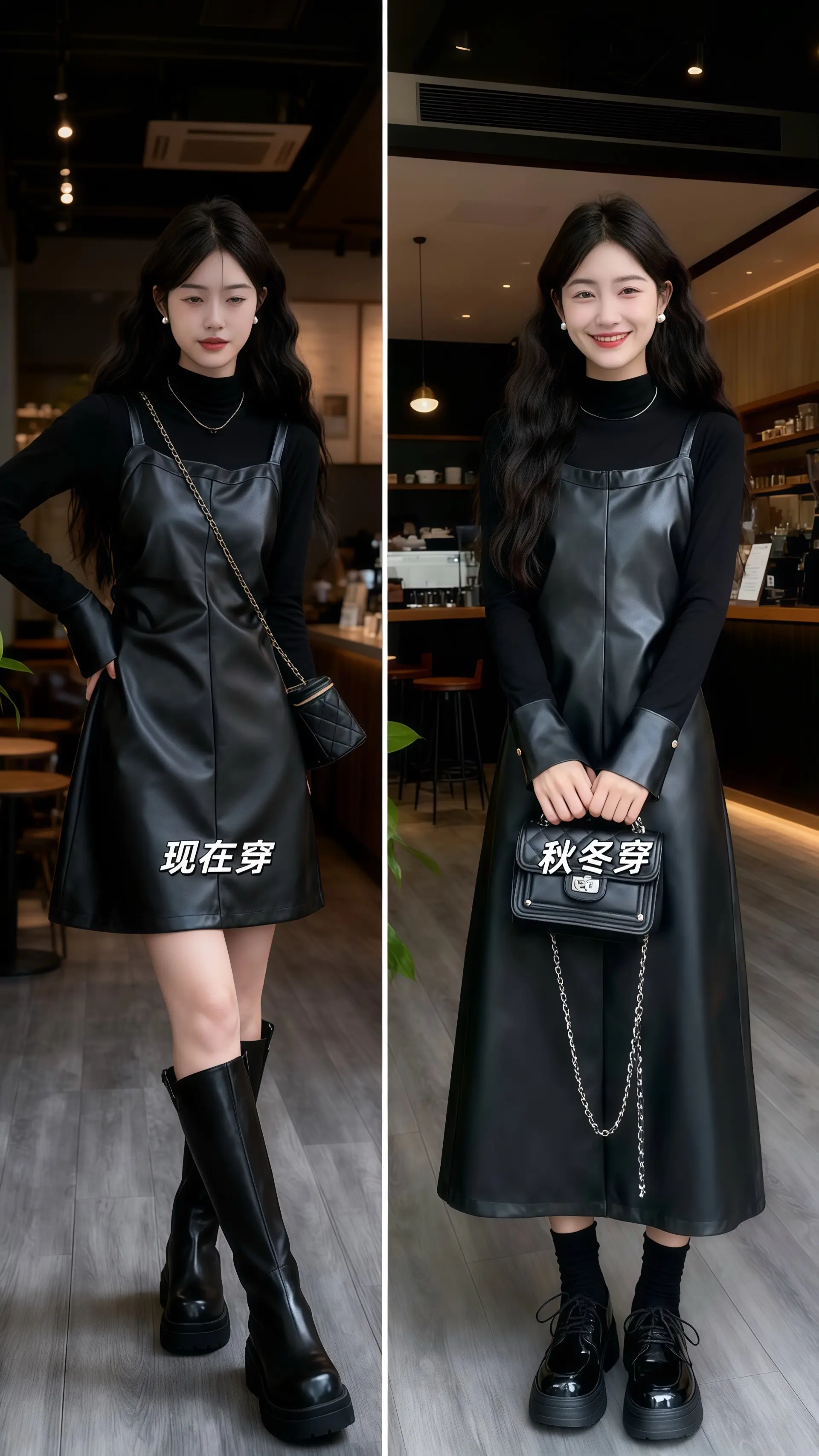 她穿着一件气质拼接的皮衣连衣裙，哑光皮质与柔滑内衬在腰线处利落衔接，金...