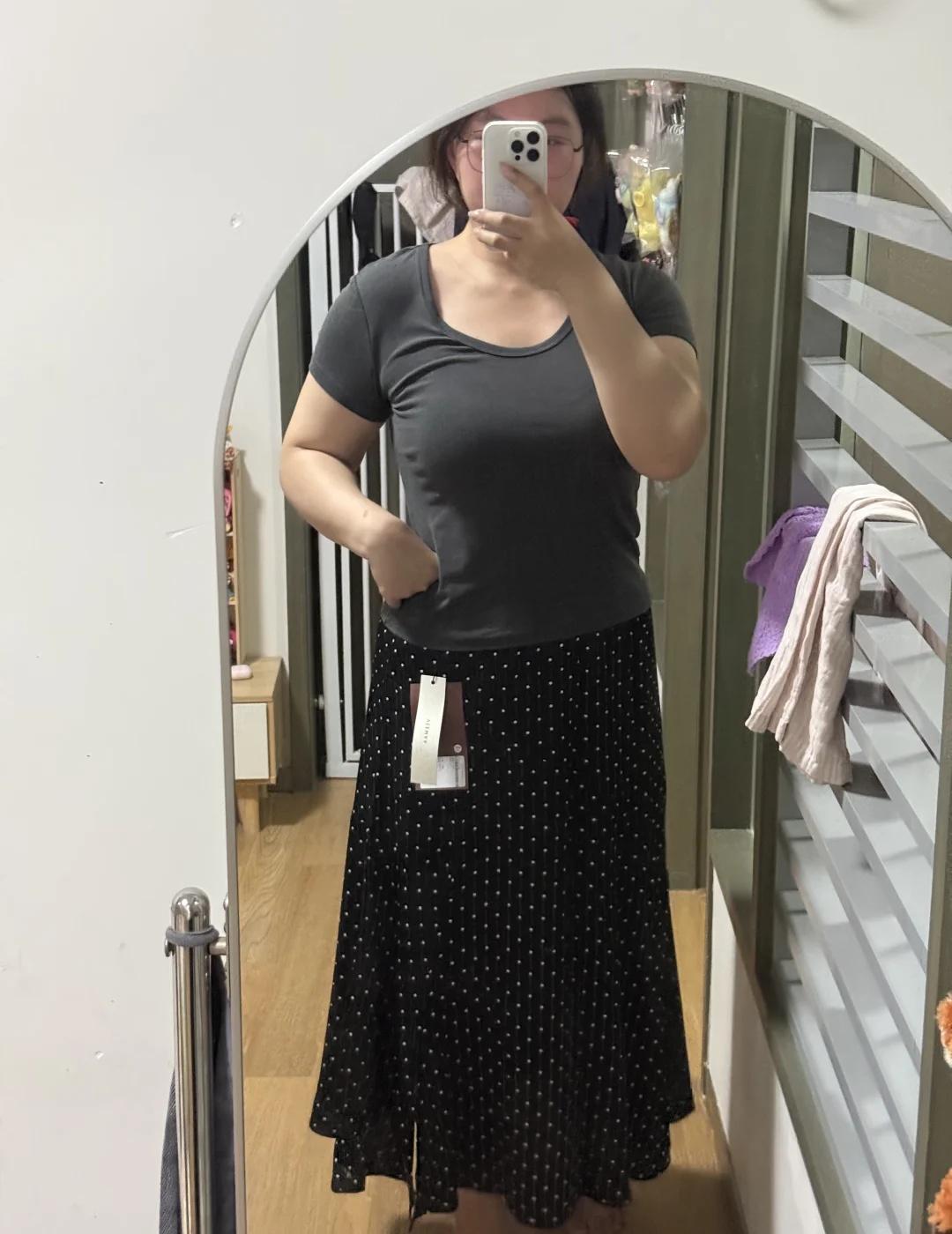 176/83kg大码女孩今天穿什么
波点裙新买的！
长胖了腰有点勒
但是腰部弹力