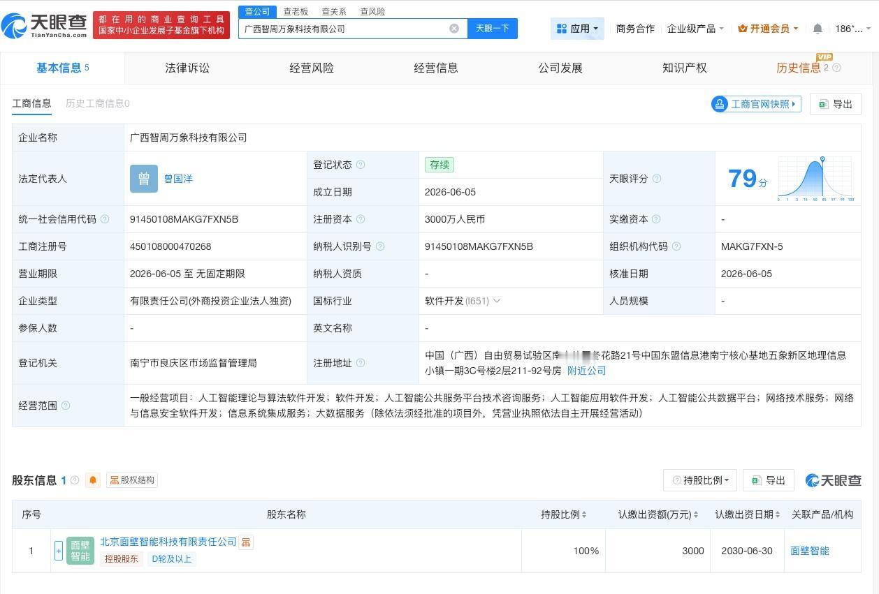 面壁科技在广西成立新公司 注册资本3000万

天眼查App显示，近日，广西智周