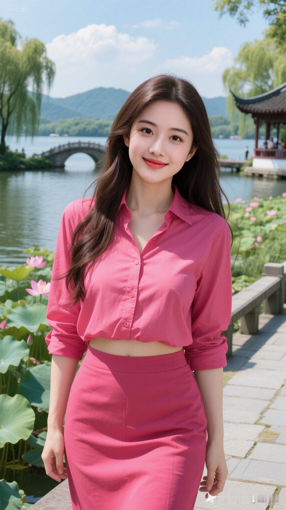 夏日粉色穿搭，少女在荷塘边打卡🌸💗