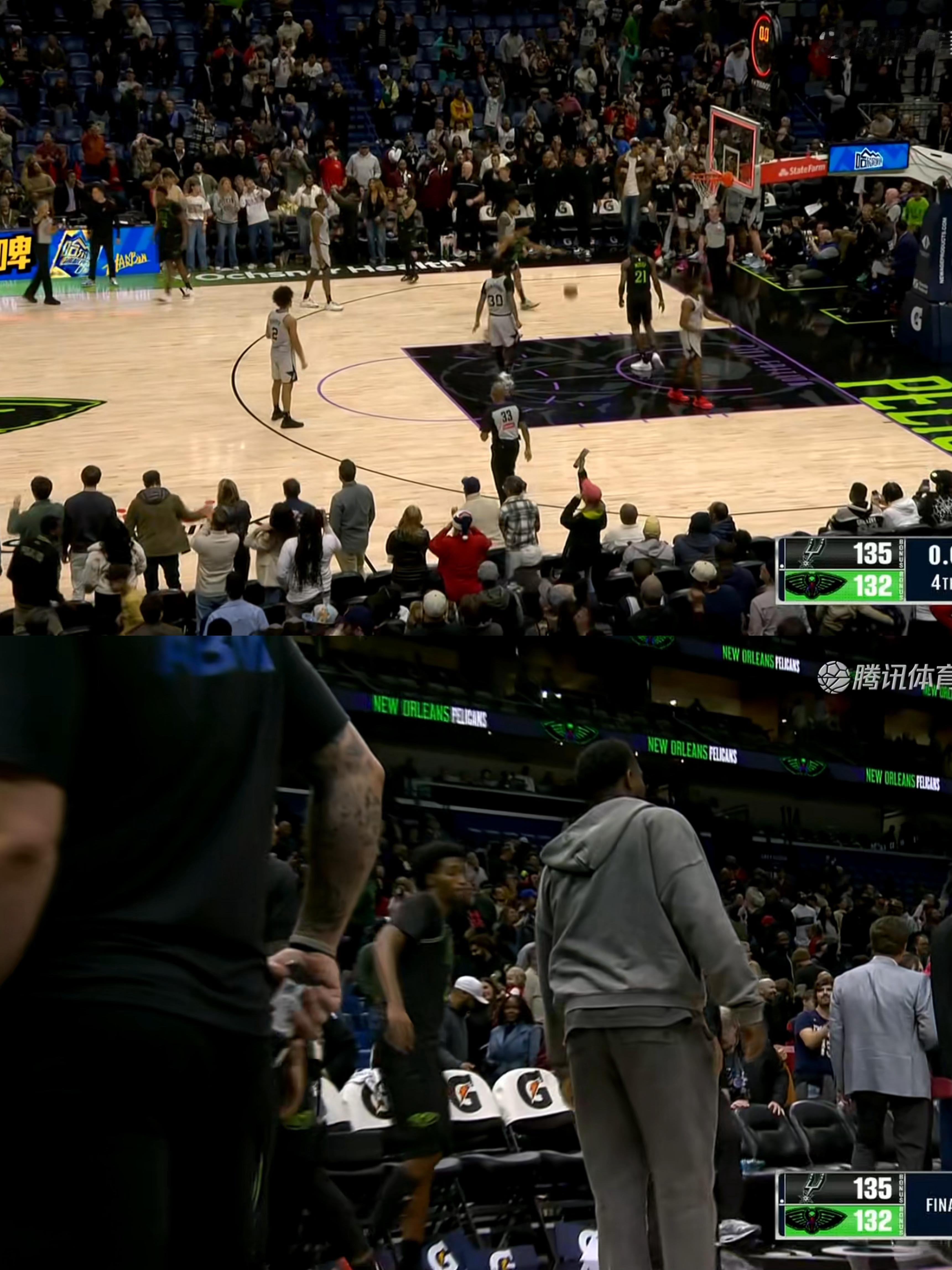 惜败！鹈鹕132-135马刺，奎因33分10板4盖帽，投篮15投11中。哈珀22