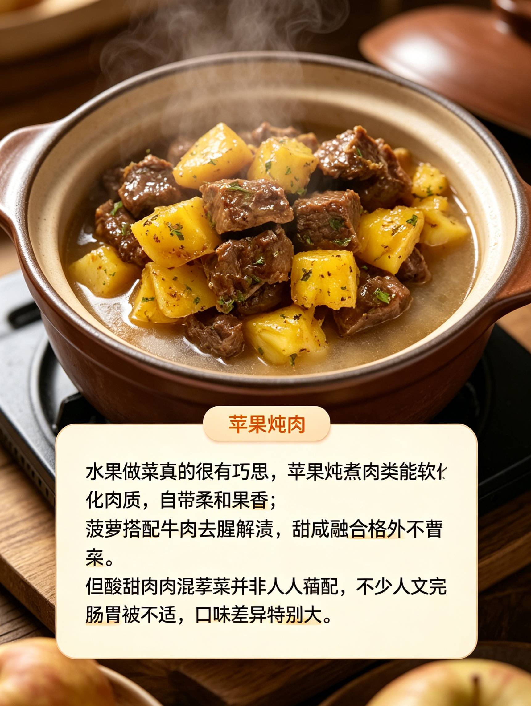 第一批用水果做菜的人吃商极高水果做菜真的很有巧思，苹果炖煮肉类能软化肉质，自带柔