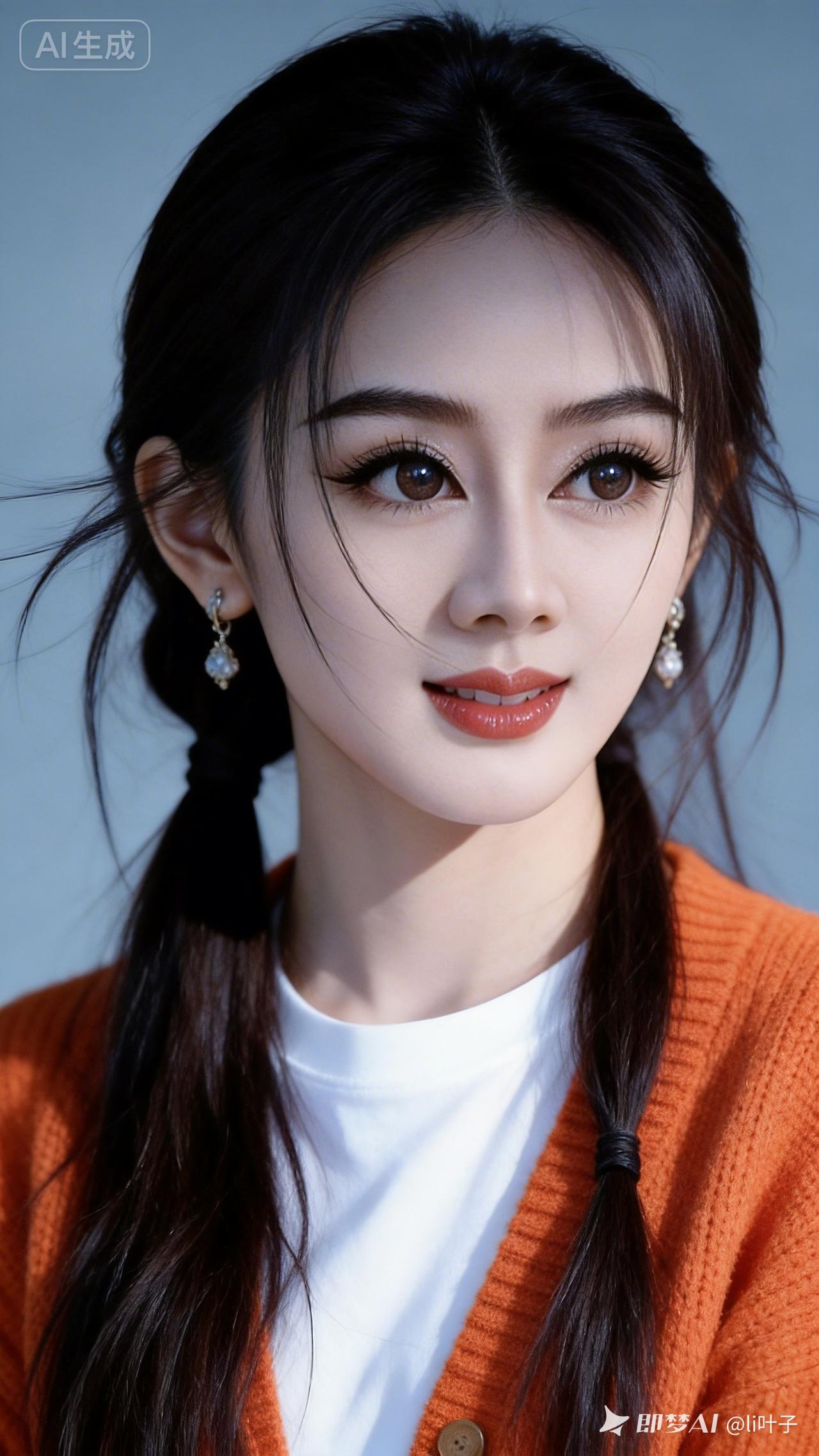 温柔甜美的少女，橙色毛衣搭配白色T恤，清新自然。