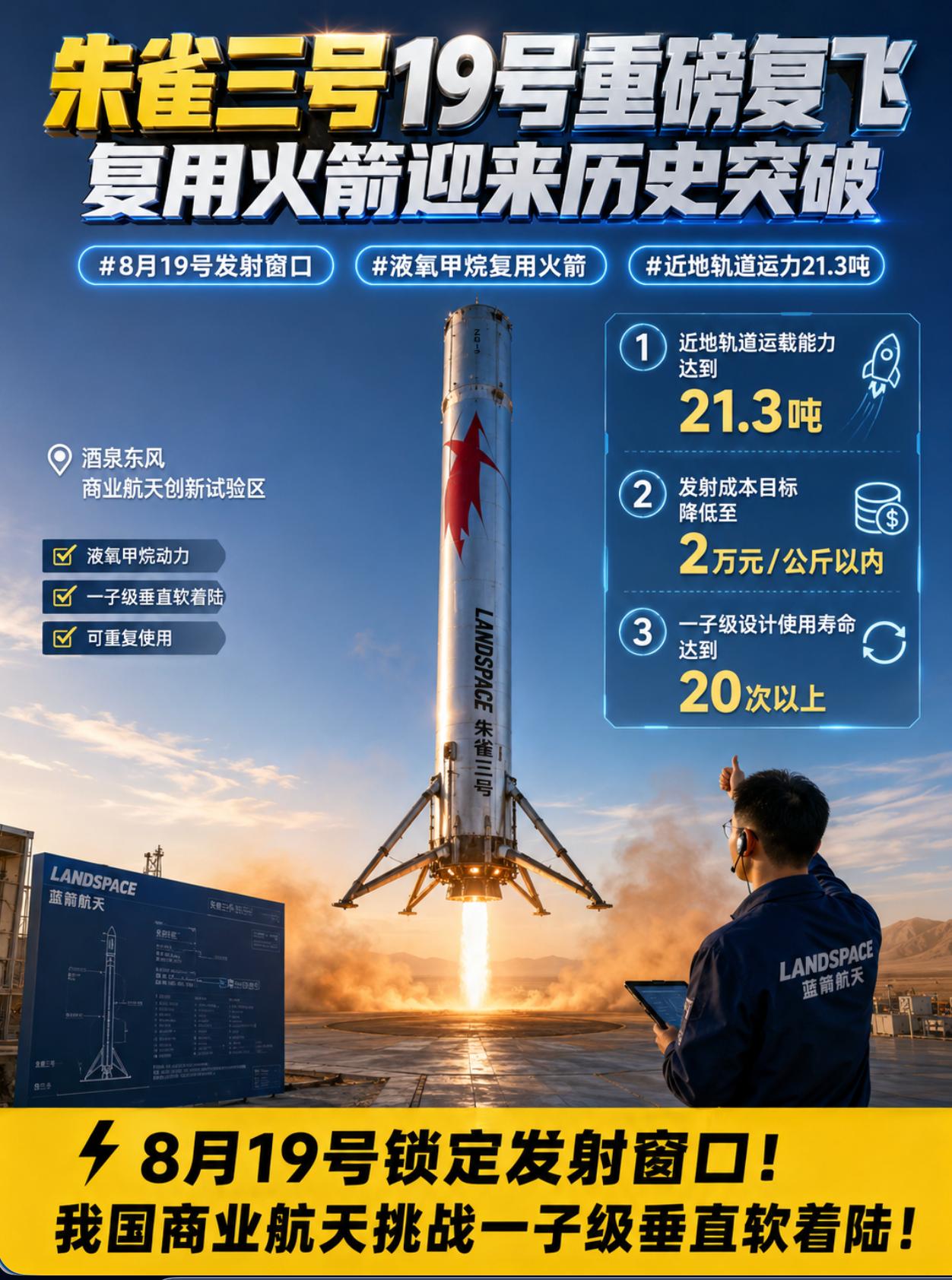 朱雀三号19号重磅复飞，我国液氧甲烷复用火箭迎来超级突围？

我国商业航天在8月