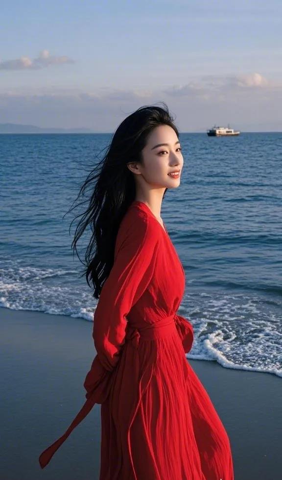 海风轻拂，红裙飘逸，静享海边时光美女人美景 风华绝代俏美女 分享绝美佳人照 美景