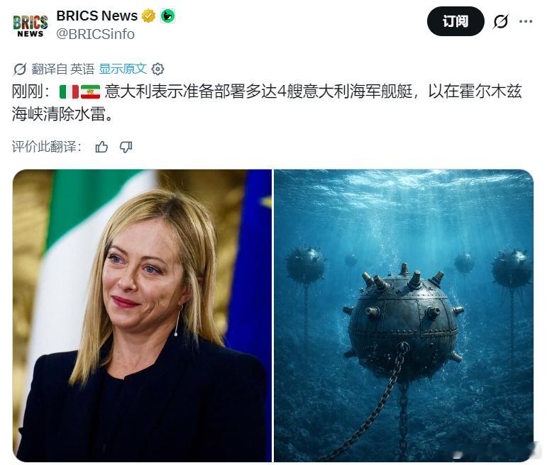 意大利表示准备部署多达4艘意大利海军舰艇，以在霍尔木兹海峡清除水雷。目前，意大利
