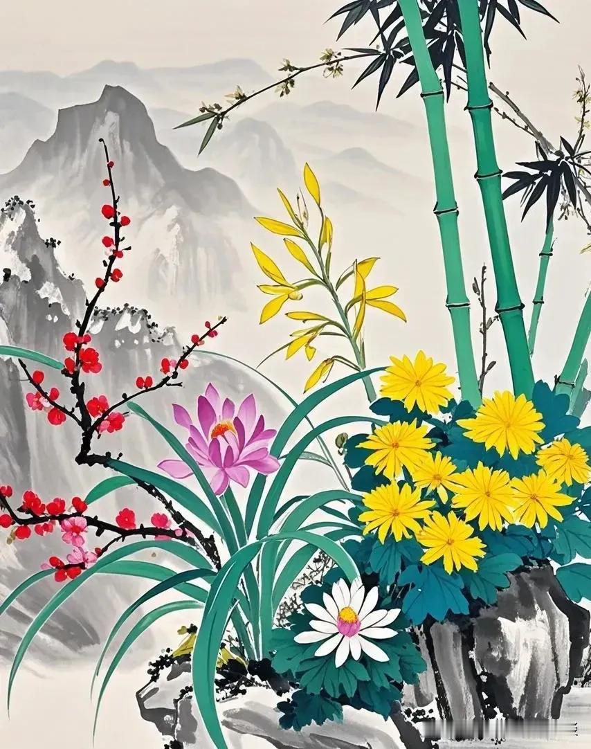 梅兰竹菊君子气，
柴米油盐举家需。
横批：《举家需与君子花》