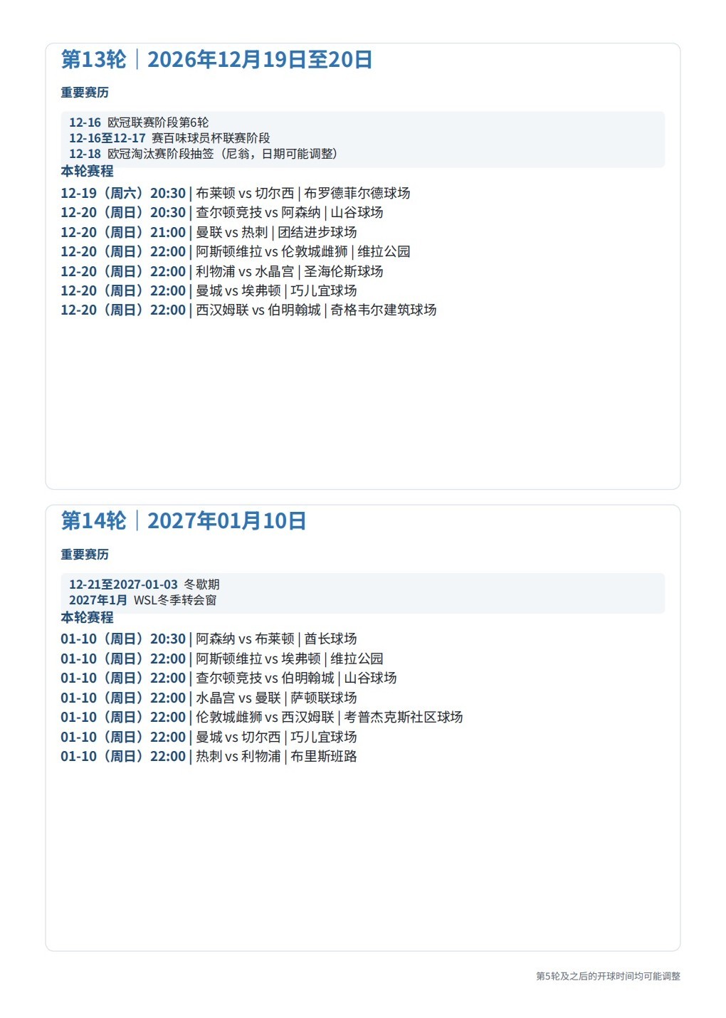 2026/27赛季英女超完整赛程（中文版，已覆盖欧冠、国赛周、赛百味球员杯、足总