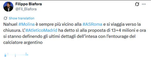 Biafora：莫利纳越来越接近加盟罗马，谈判正在走向终点，马竞接受了罗马开出的