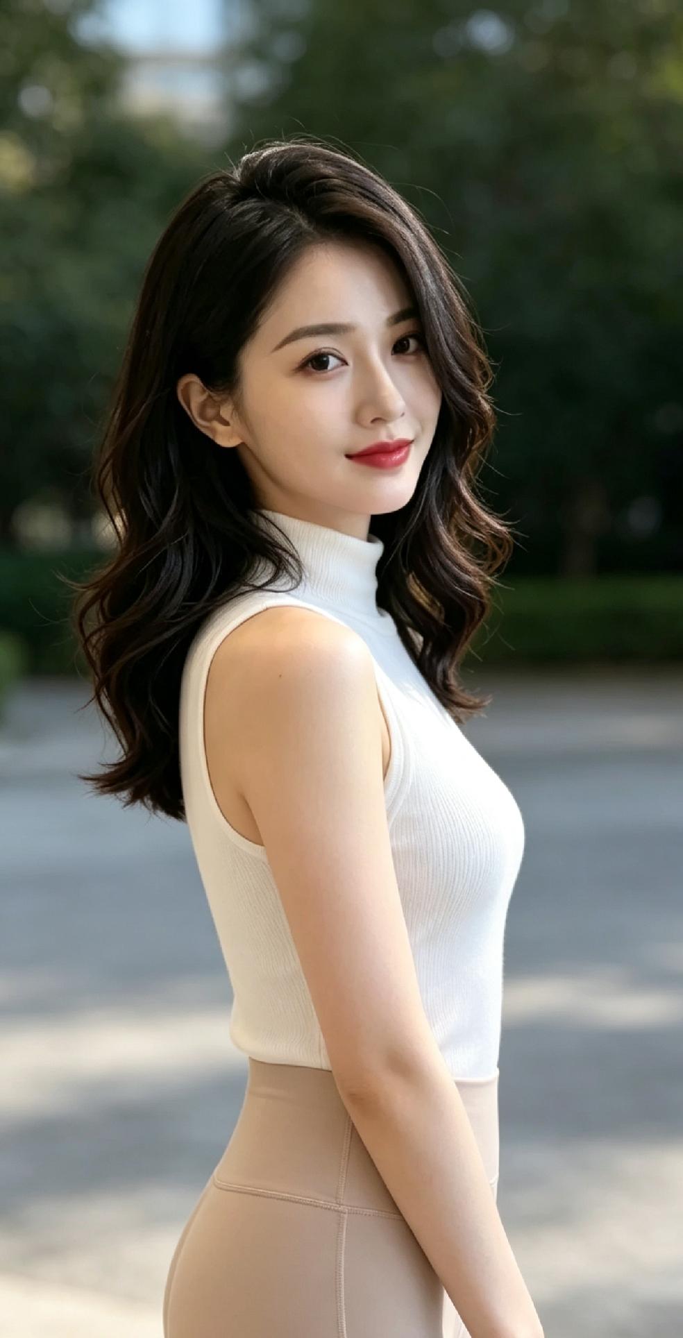红妆美人倚，绿树映芳姿。