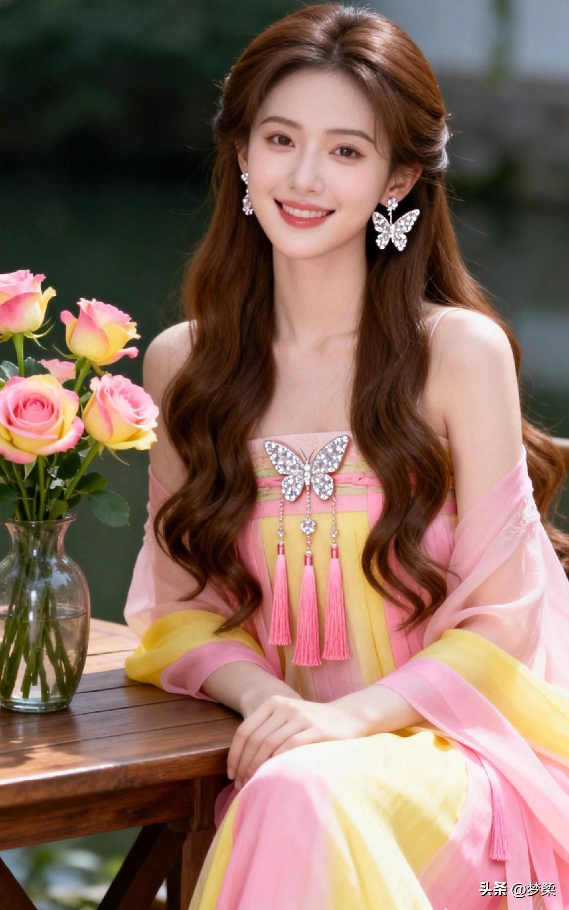 温柔甜美的粉色连衣裙，搭配蝴蝶耳环，宛如春日里的花朵🌸