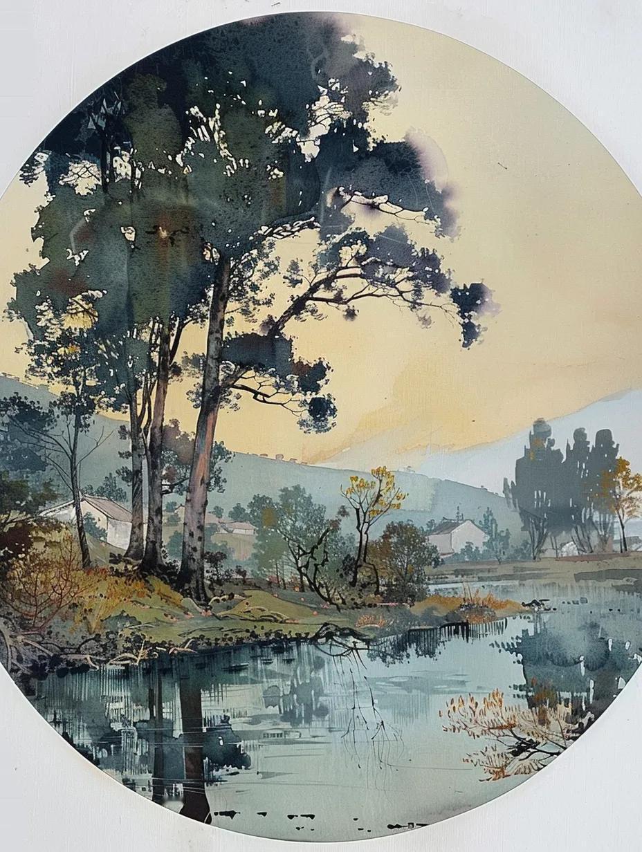 湖边树影斜，山色入画来。