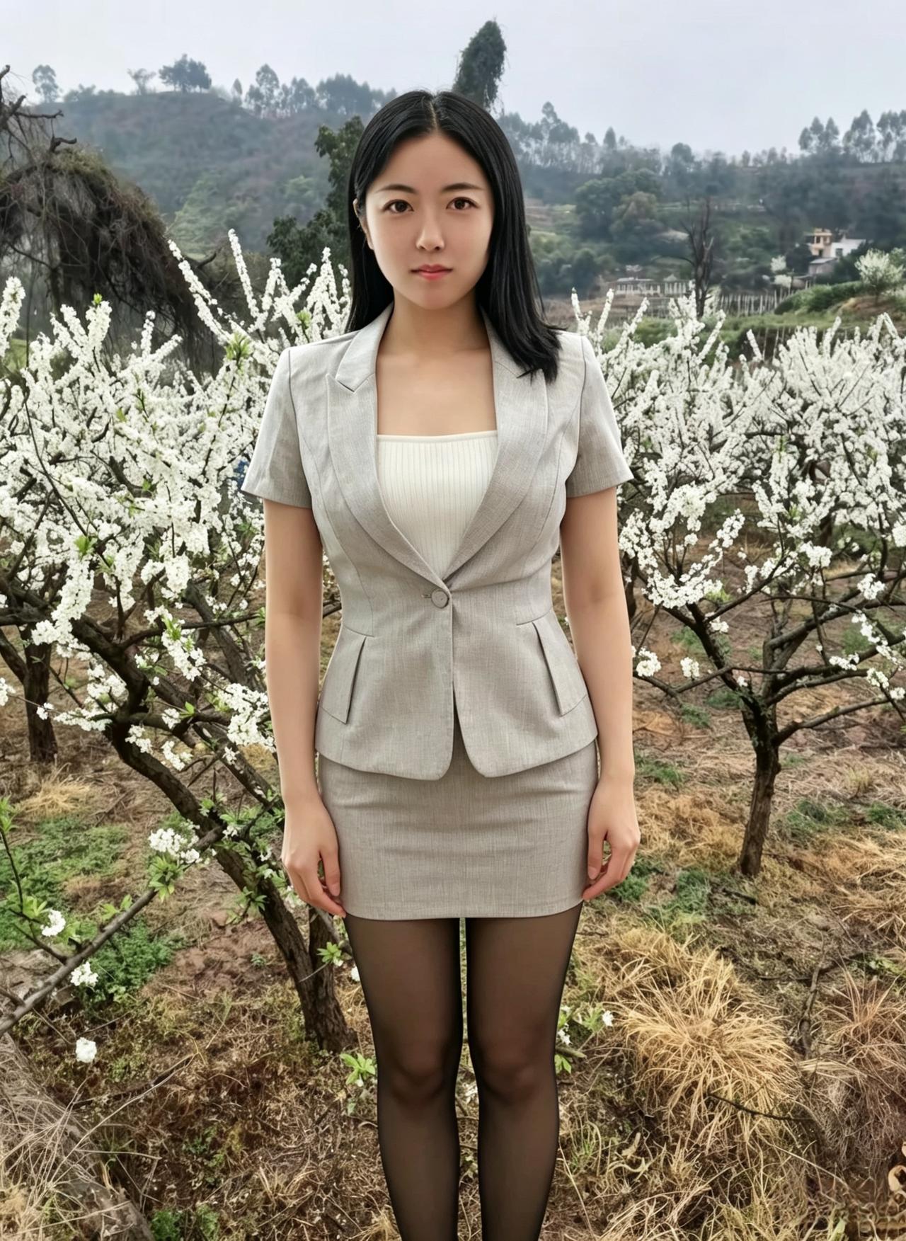 漫山梨雪映清颜，一袭轻衫立野间。
不与群芳争艳色，自携风骨胜春山。