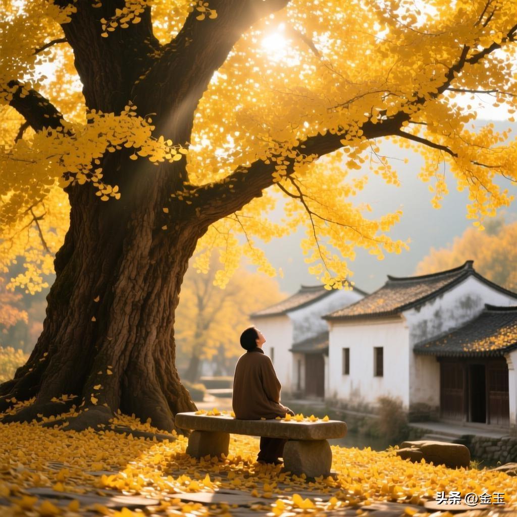 🍂清晨的村子安静得能听见落叶的声音，青石板路被岁月磨得发亮，老屋的屋檐下挂着金